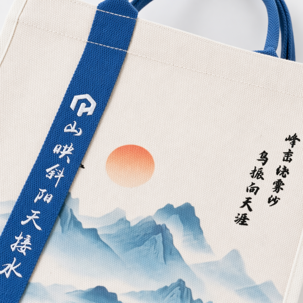 Ink-wash landscape painting canvas handbag, blue handle, white body, vertical blue ribbon, mountains reflected in the slanting sun, sky meeting water, peaks encircled by mist, birds fluttering towards the horizon, orange sun and mountain shadows Application Scenario