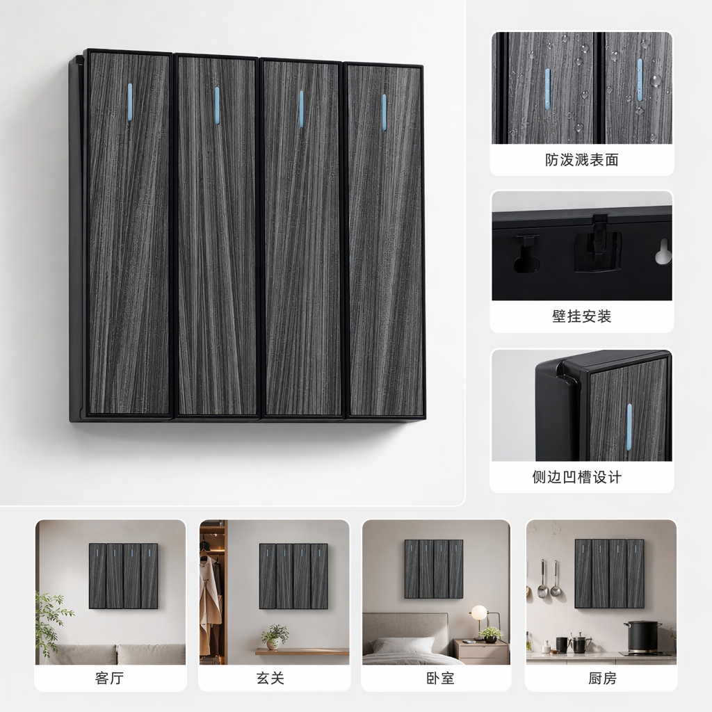 S16 gris/amarillo patrón de madera cuatro puertas interruptor de pared de control único 86 tipo zócalo de pared para comercio exterior especial