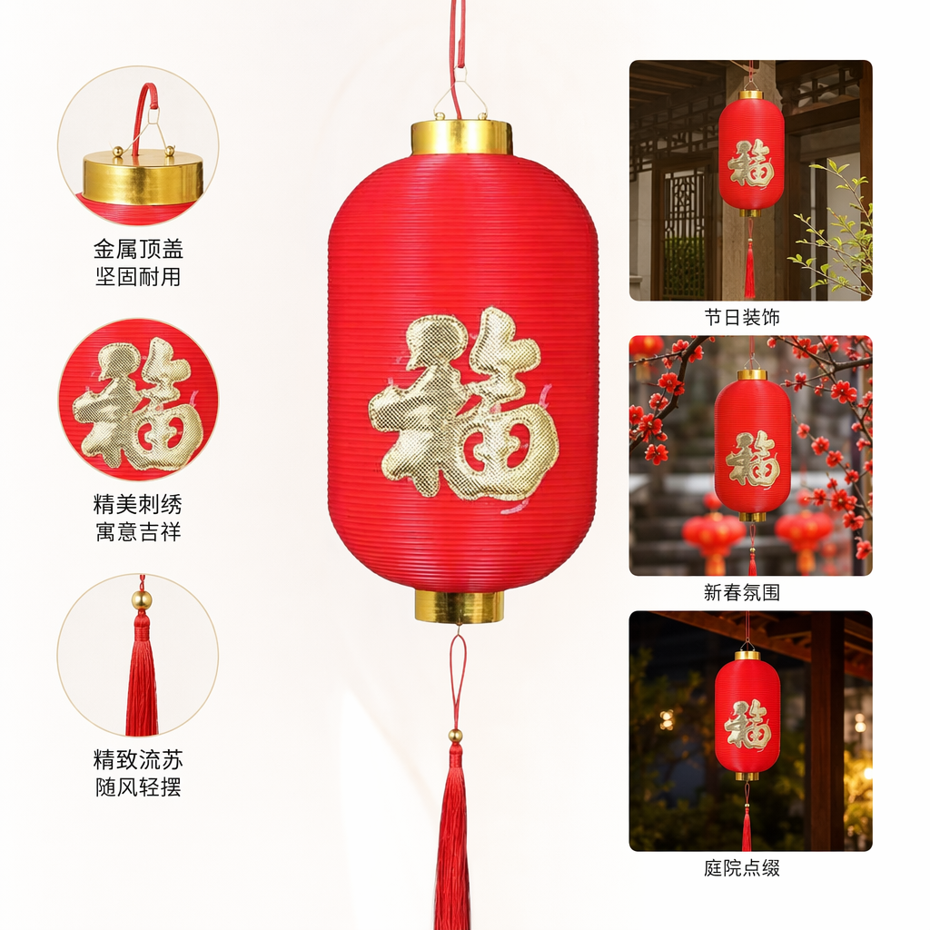 A red cylindrical "Fu" character vertical striped lantern with a golden metal ring and red tassels
