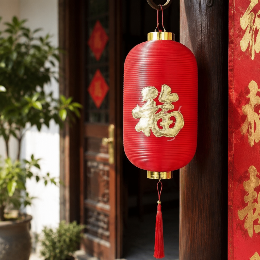 A red cylindrical "Fu" character vertical striped lantern with a golden metal ring and red tassels details Picture