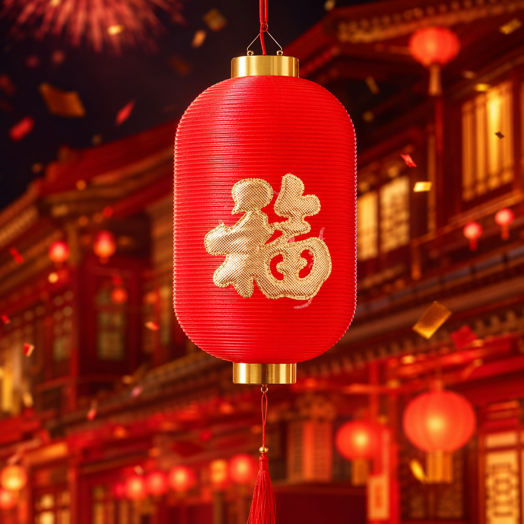 A red cylindrical "Fu" character vertical striped lantern with a golden metal ring and red tassels Specification image
