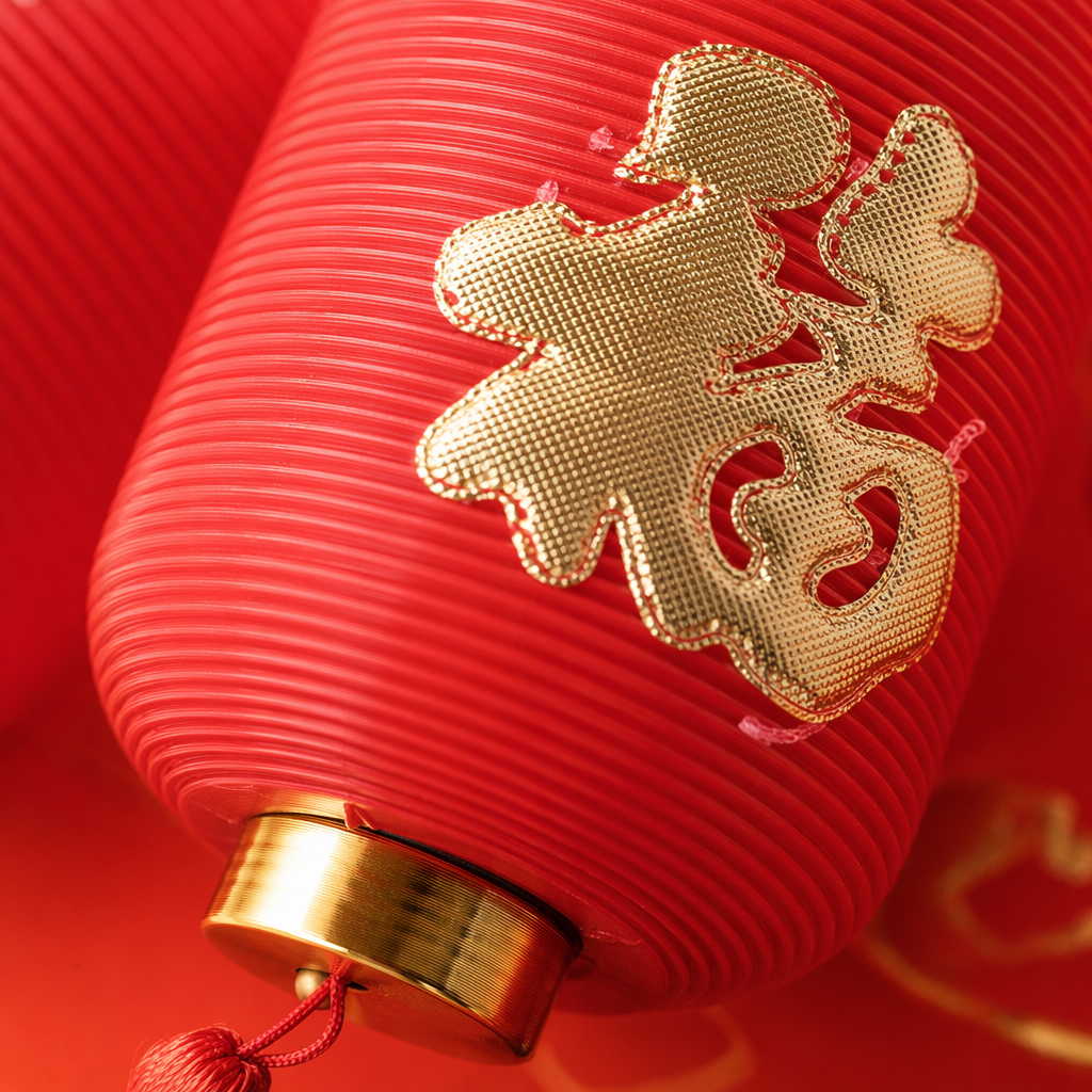 A red cylindrical "Fu" character vertical striped lantern with a golden metal ring and red tassels Application Scenario