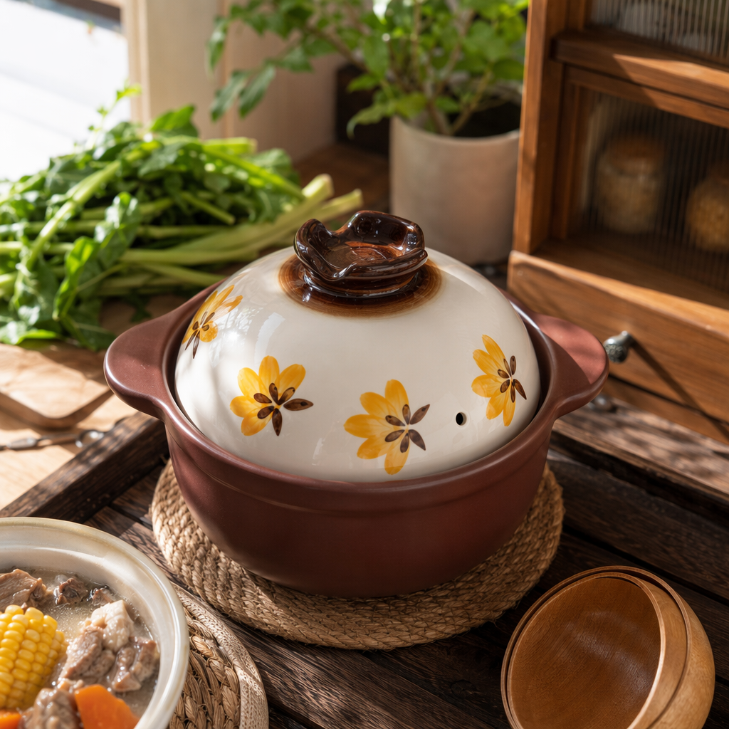 A brown ceramic clay pot with a yellow floral pattern and a small brown bowl protruding in the center details Picture