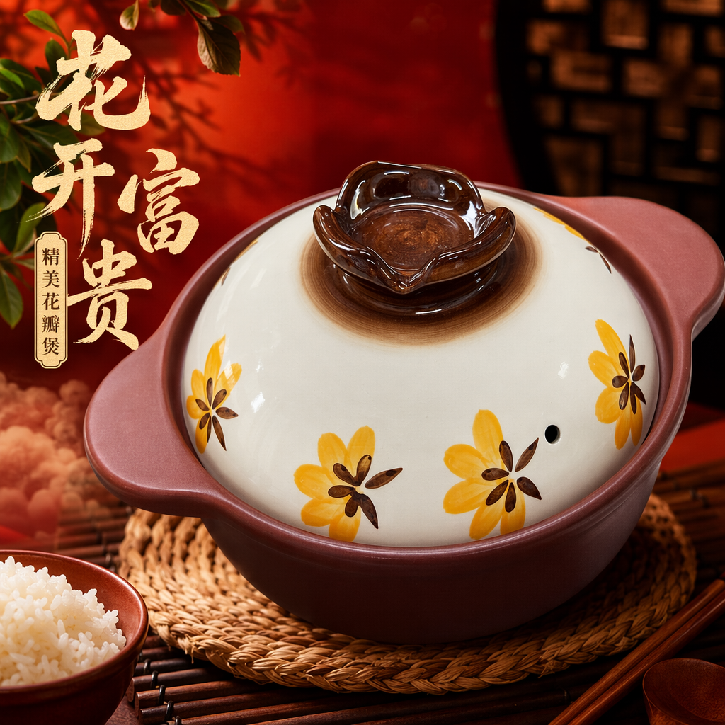 A brown ceramic clay pot with a yellow floral pattern and a small brown bowl protruding in the center Specification image