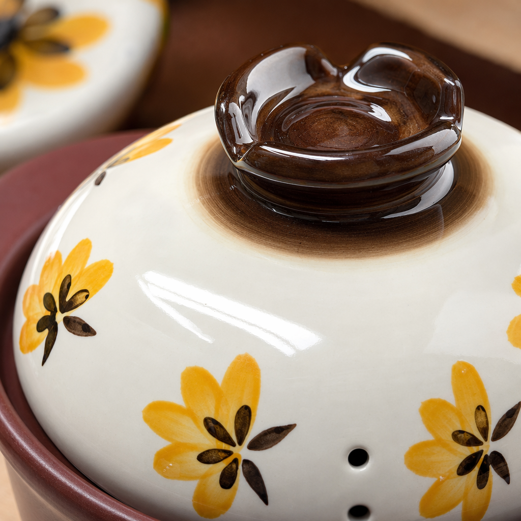 A brown ceramic clay pot with a yellow floral pattern and a small brown bowl protruding in the center Application Scenario