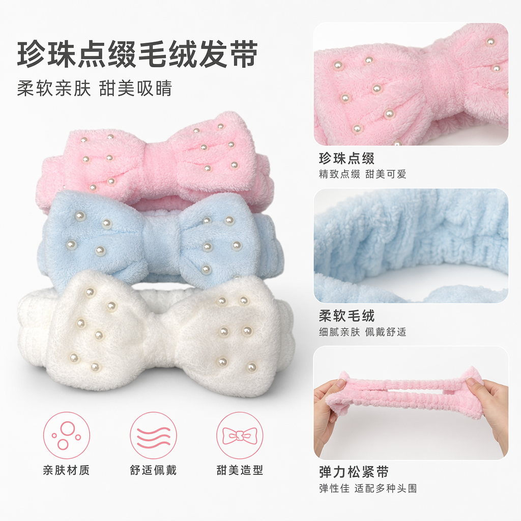 粉色蓝色白色毛绒蝴蝶结发带 女童可爱头饰宽版舒适不勒头