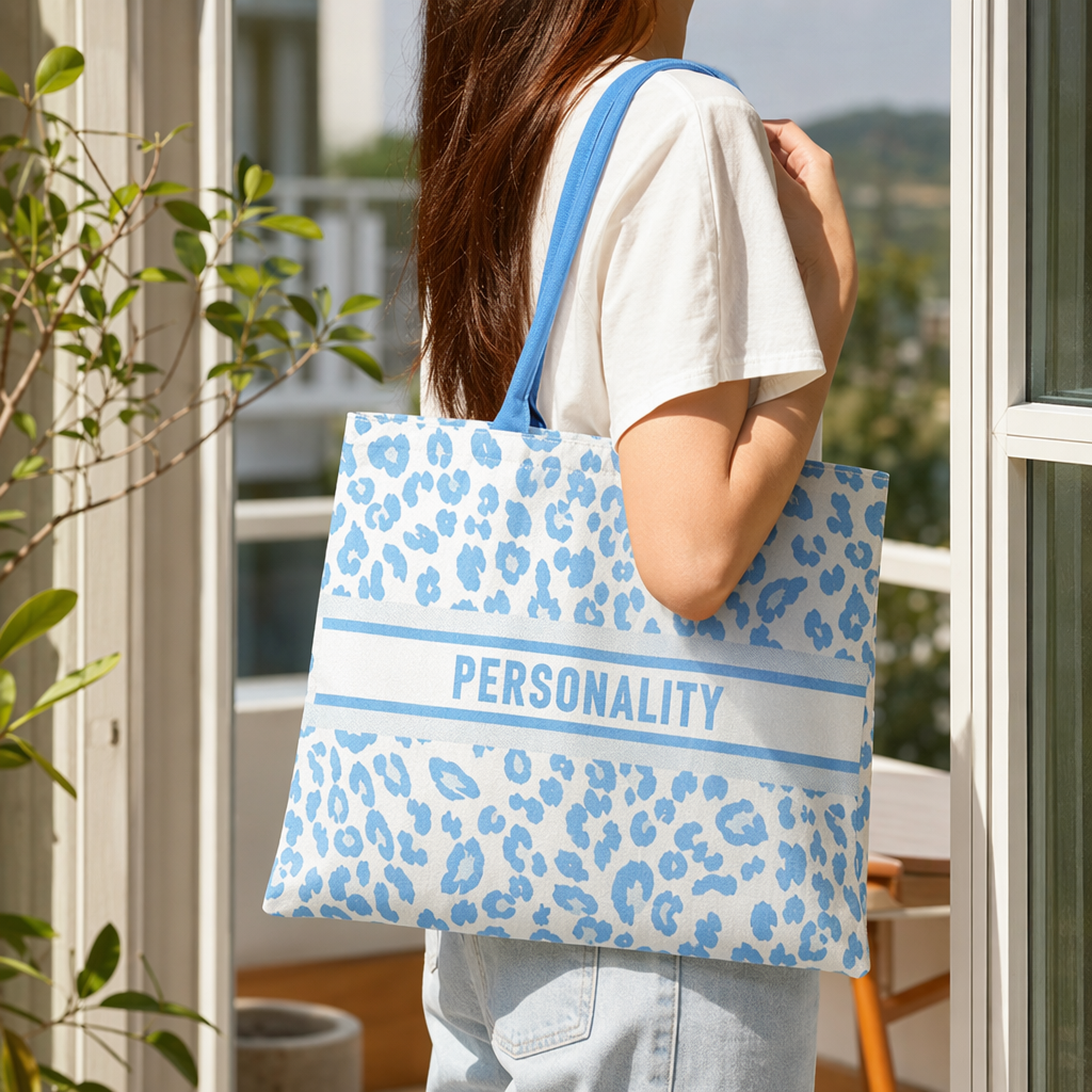 Bolso azul leopardo canvas tote con estampado de letras de personalidad con asa azul details Picture