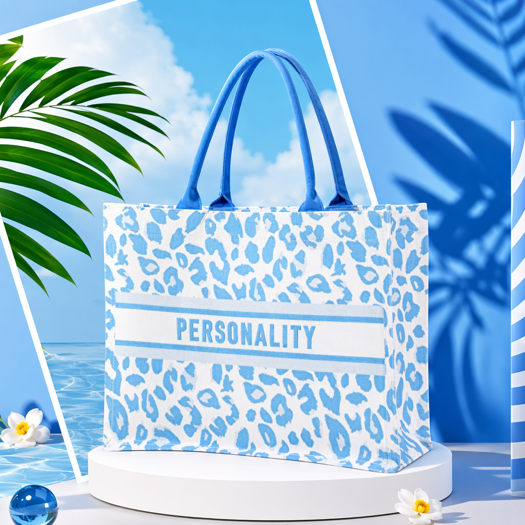 Bolso azul leopardo canvas tote con estampado de letras de personalidad con asa azul Specification image