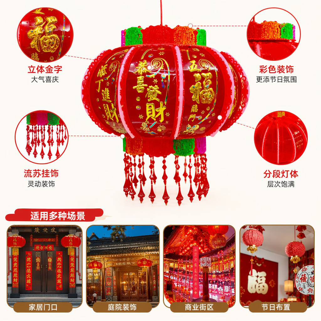 Red lanterns are suitable for home decoration, festivals and celebrations, and can be used outdoors, in courtyards and indoors