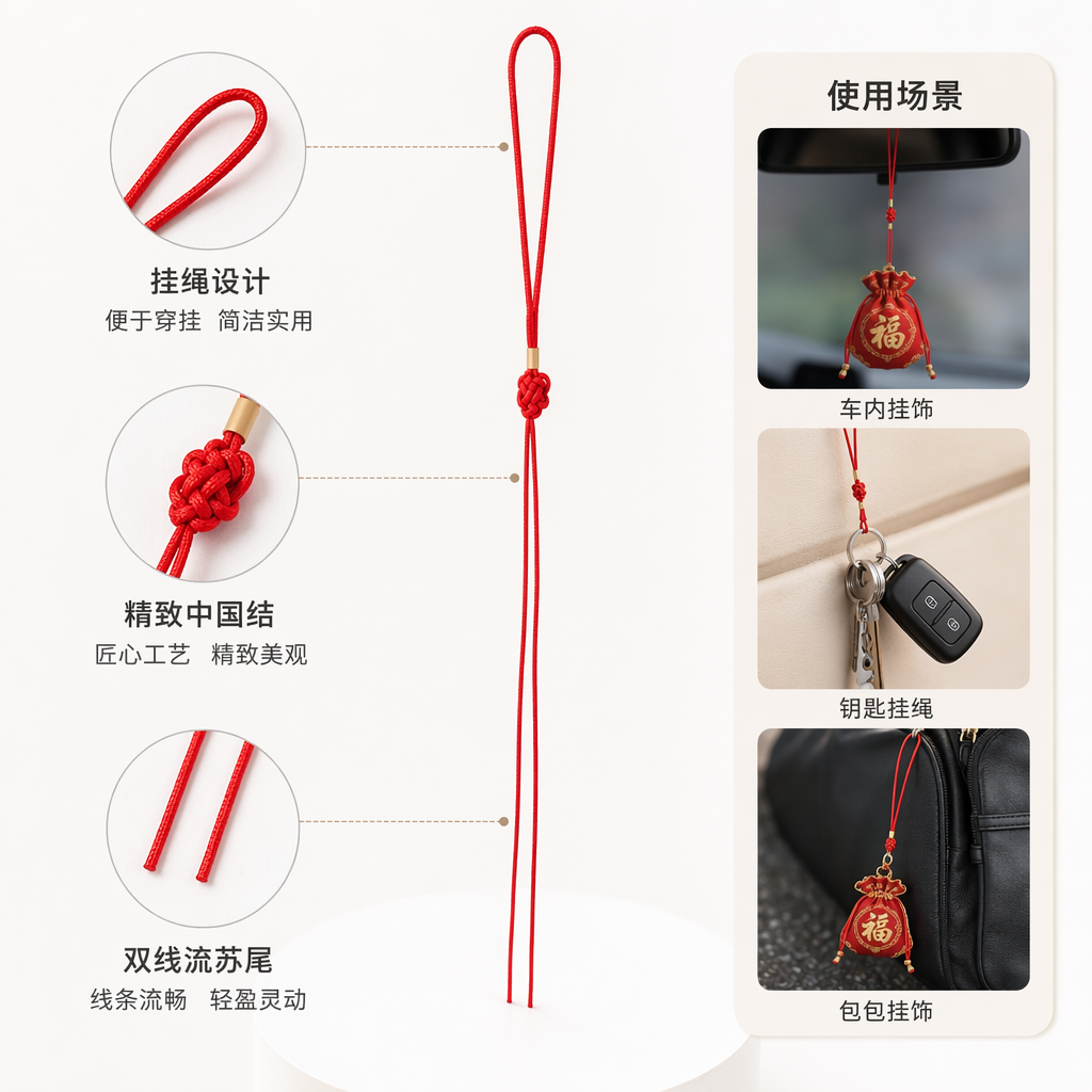 红色中国结吊绳 编织红绳挂扣式双垂饰吊坠绳