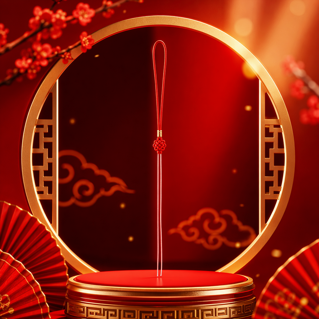 红色吊绳，为红绳编织的中国结样式吊绳，顶部有环形挂扣，中部结饰，下垂两根细绳细节图