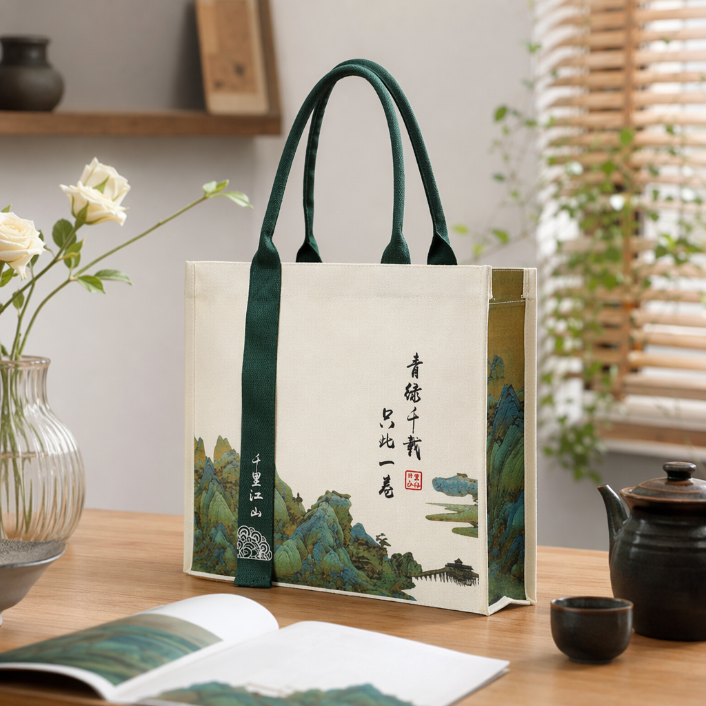 Green and blue landscape painting canvas bag, artistic and retro hand-held shoulder crossbody bag details Picture