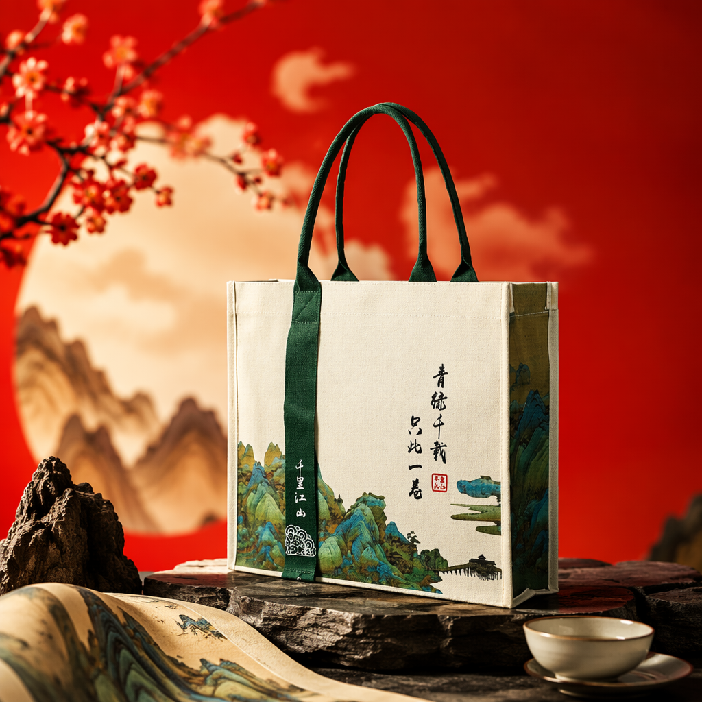Green and blue landscape painting canvas bag, artistic and retro hand-held shoulder crossbody bag Specification image