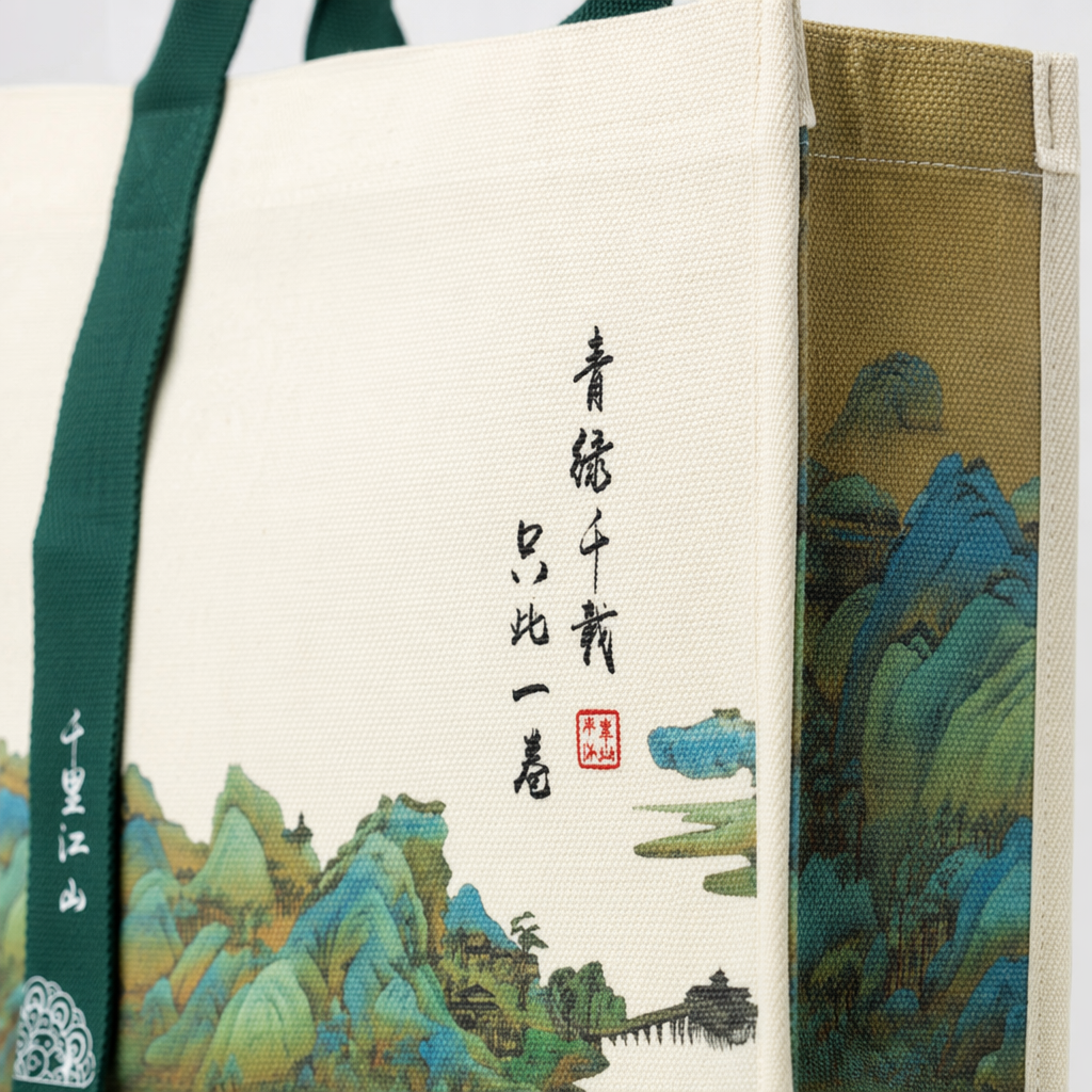 Green and blue landscape painting canvas bag, artistic and retro hand-held shoulder crossbody bag Application Scenario