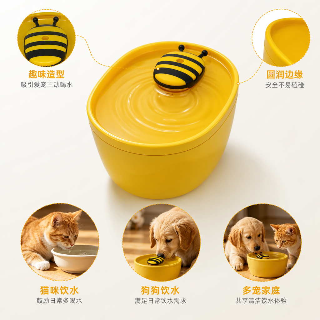 Yellow bee-shaped pet water dispenser, silent circulation, automatic constant pressure, suitable for both cats and dogs