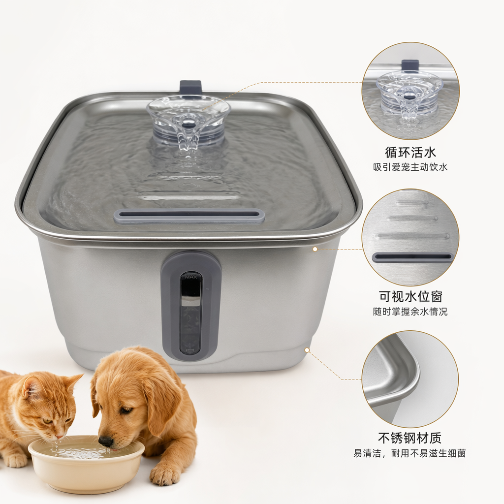 Rectangular stainless steel smart automatic water dispenser for pets with a strip-shaped window