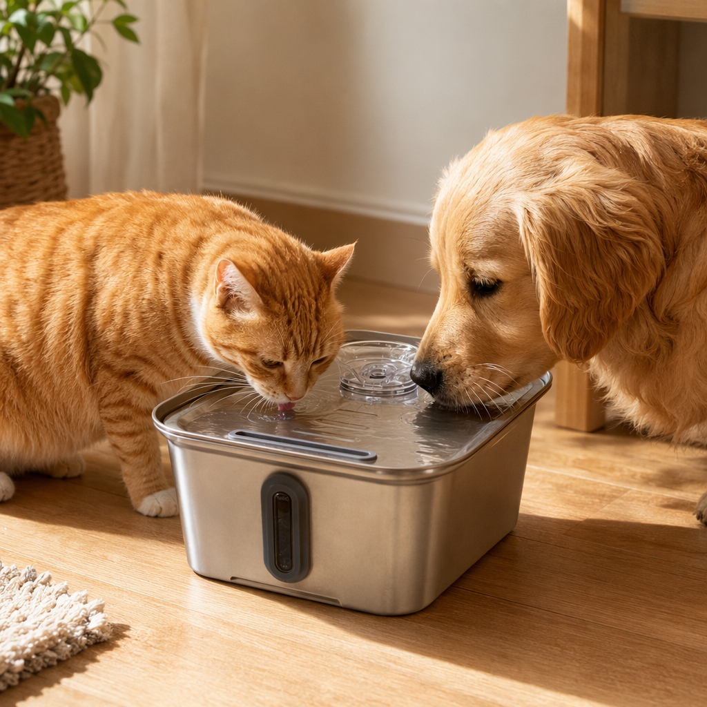 Rectangular stainless steel smart automatic water dispenser for pets with a strip-shaped window details Picture