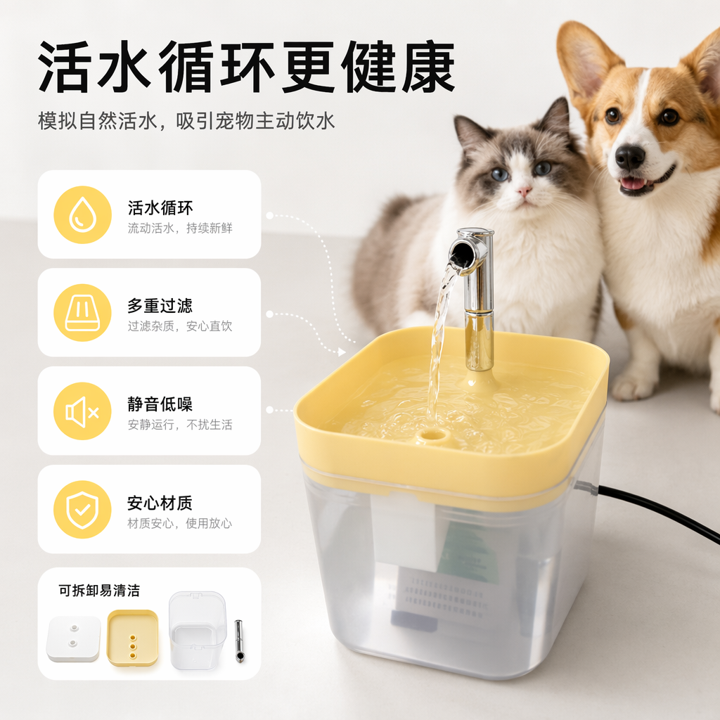 Yellow, transparent and white three-color pet water dispenser, silent circulation, automatic constant flow, suitable for both cats and dogs