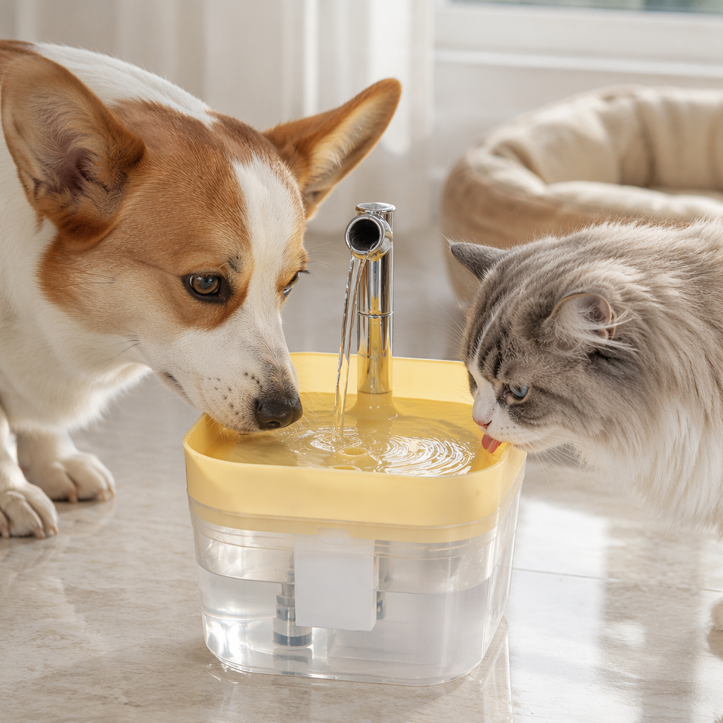 Yellow, transparent and white three-color pet water dispenser, silent circulation, automatic constant flow, suitable for both cats and dogs details Picture