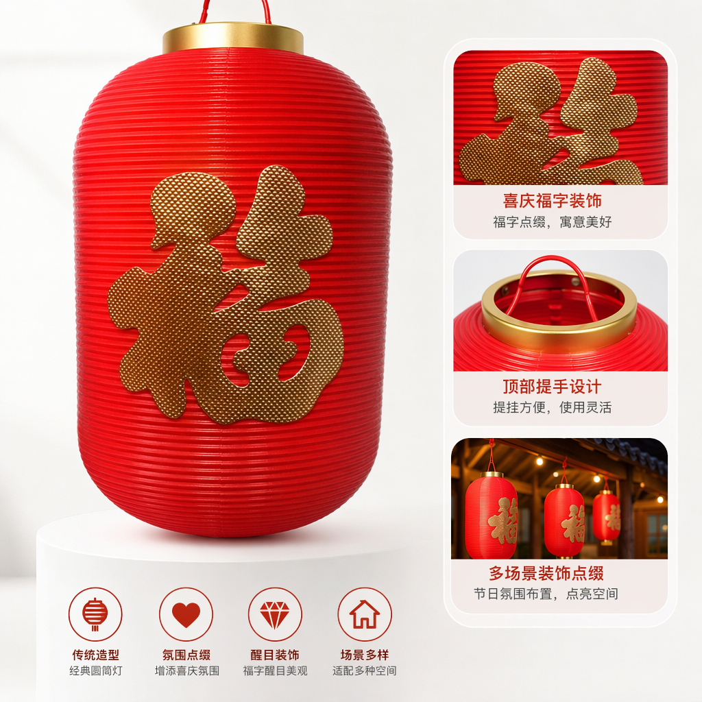 Red lanterns with golden "Fu" characters are used to decorate household festive ornaments