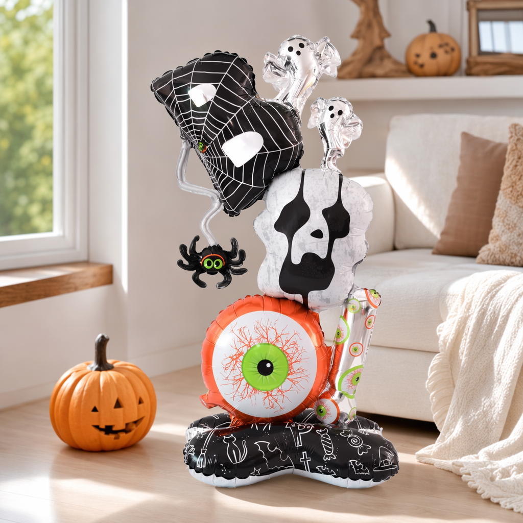Black spider web skull, green eyes, transparent ghost spider base, balloon combination details Picture