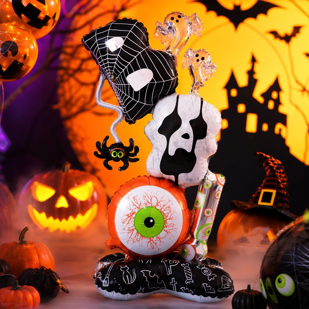 Black spider web skull, green eyes, transparent ghost spider base, balloon combination Specification image