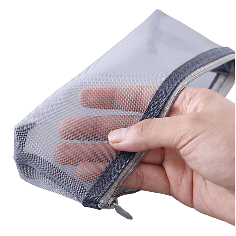 The grey mesh pen case is a simple student stationery storage bag with multiple compartments and a large capacity Item Picture