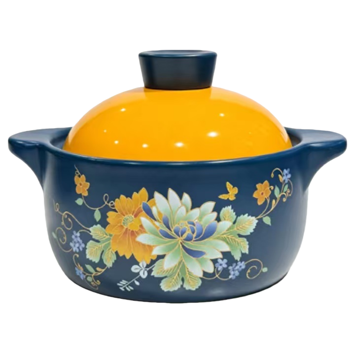 A deep blue floral ceramic stew pot with an orange lid and a black handle Item Picture