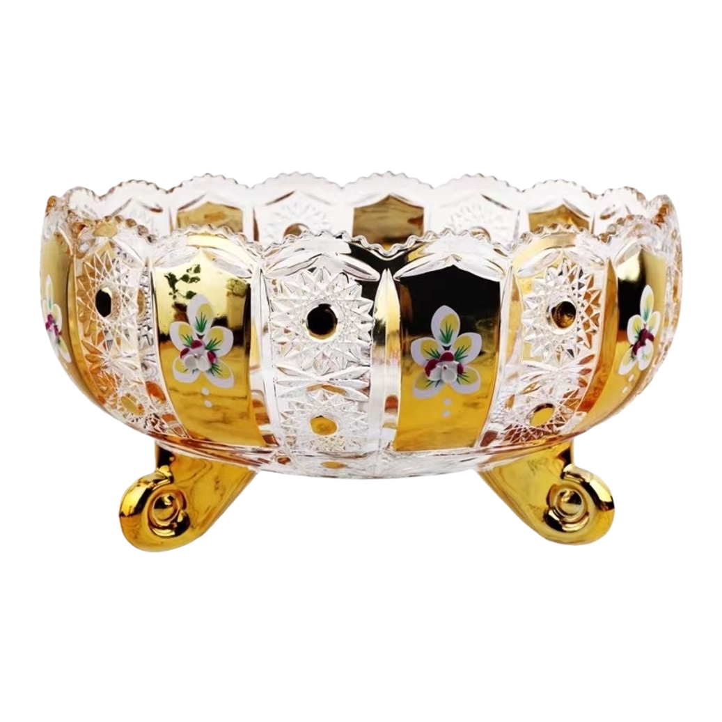 A golden base with crystal lace fruit plate, a decorative fruit plate for the living room Item Picture