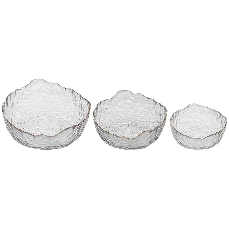 Three-piece transparent hammer-patterned glass bowl set for household use, heat-resistant and explosion-proof, for holding fruit plates and snacks Item Picture