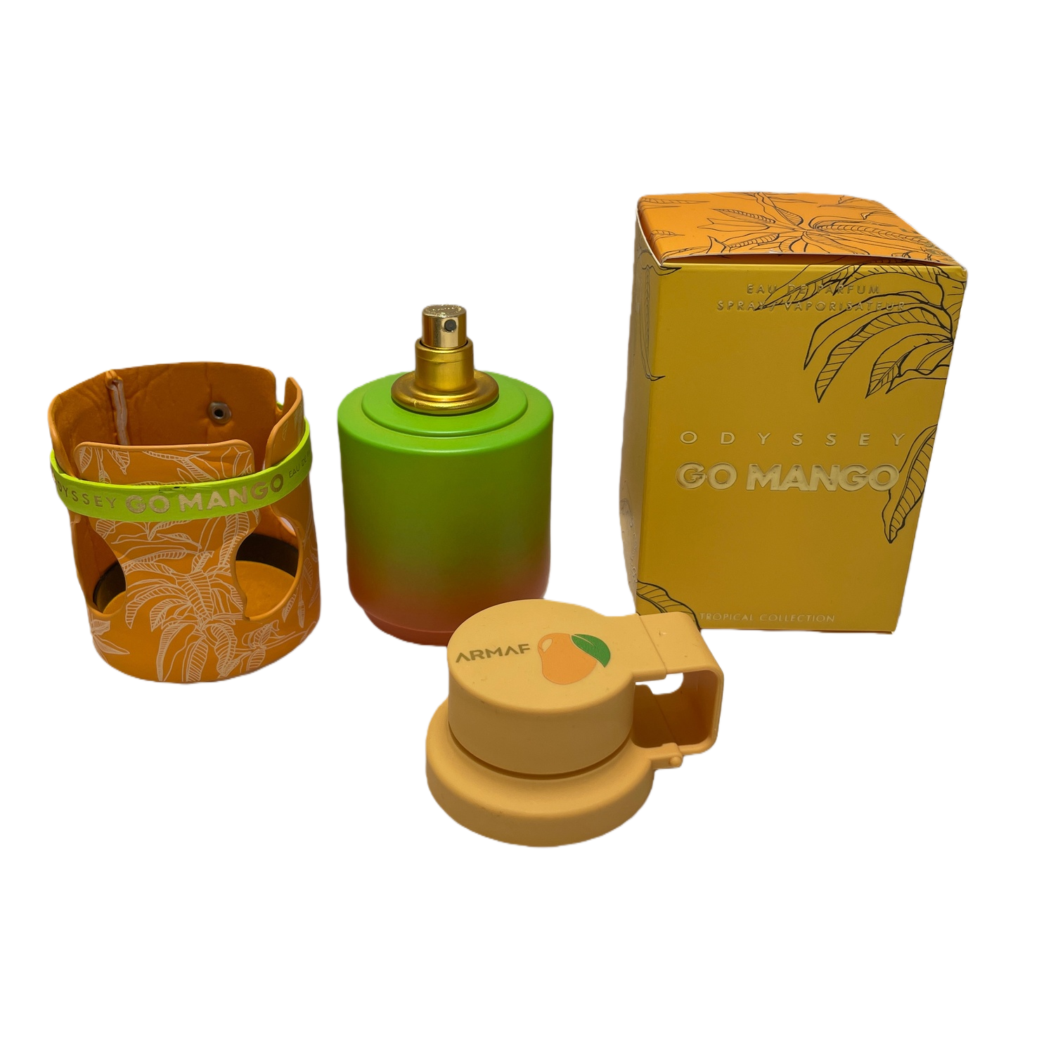 Green gradient bottle body, orange-yellow packaging box, orange protective case, yellow bottle cap perfume Item Picture