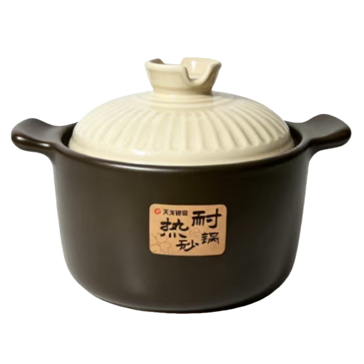Brown clay pot with beige patterned lid, home stew pot, ceramic soup pot Item Picture