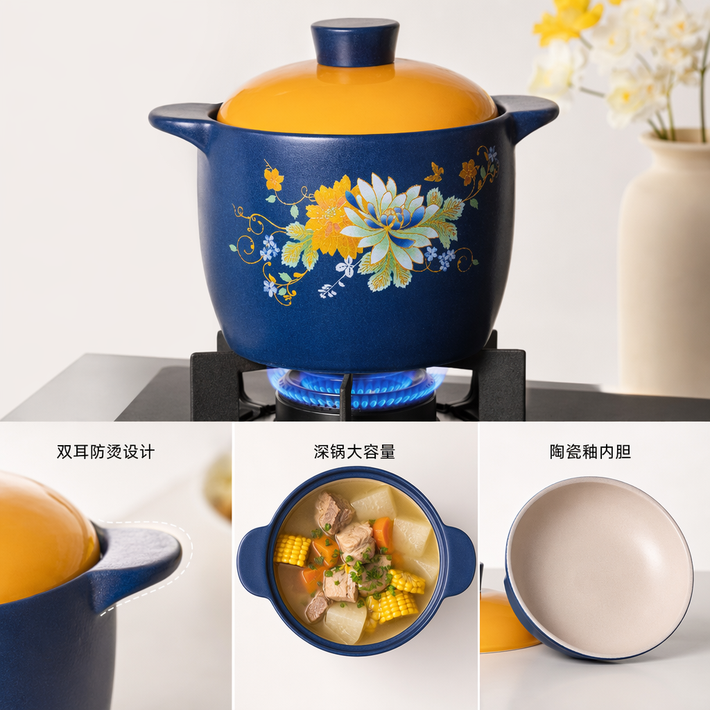 Blue floral patterned ceramic clay pot, household stew pot and soup pot, heat-resistant