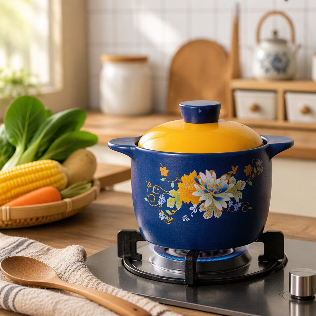 Blue floral patterned ceramic clay pot, household stew pot and soup pot, heat-resistant details Picture