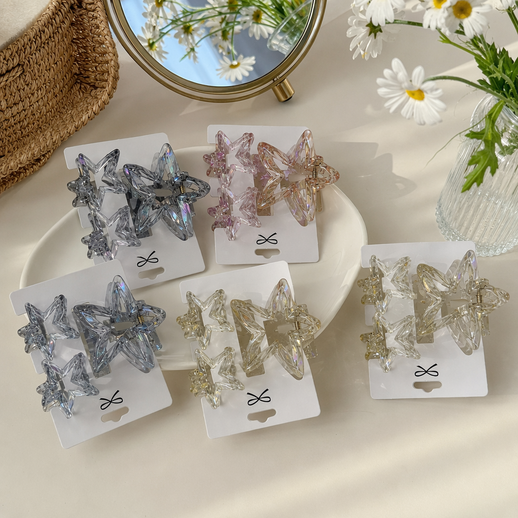 Colorful star-shaped hairpins, cute headwear for girls, metallic texture and shiny accessories details Picture