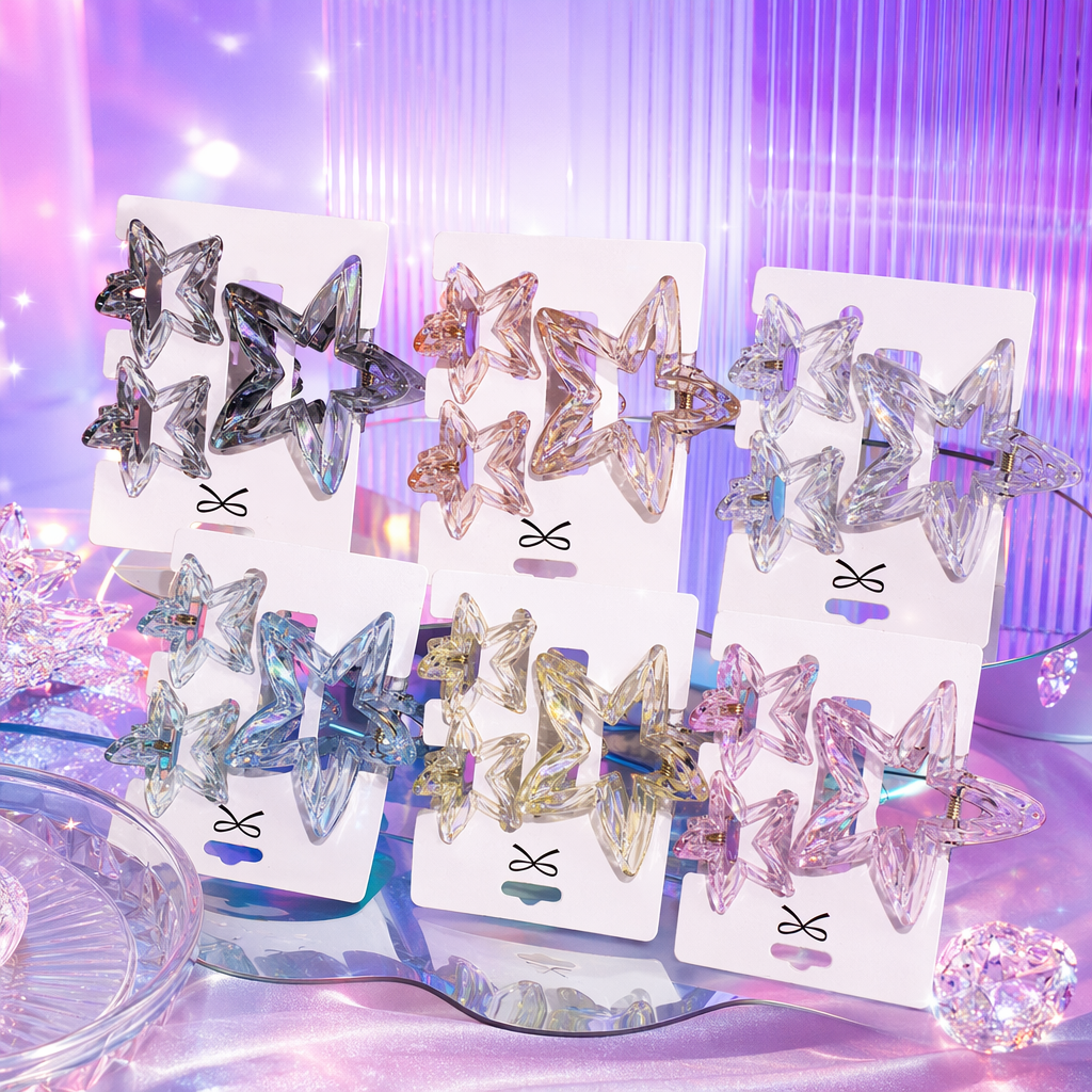 Colorful star-shaped hairpins, cute headwear for girls, metallic texture and shiny accessories Specification image