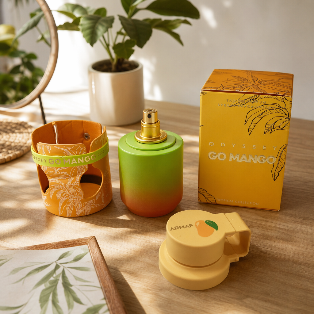 Green gradient bottle body, orange-yellow packaging box, orange protective case, yellow bottle cap perfume details Picture
