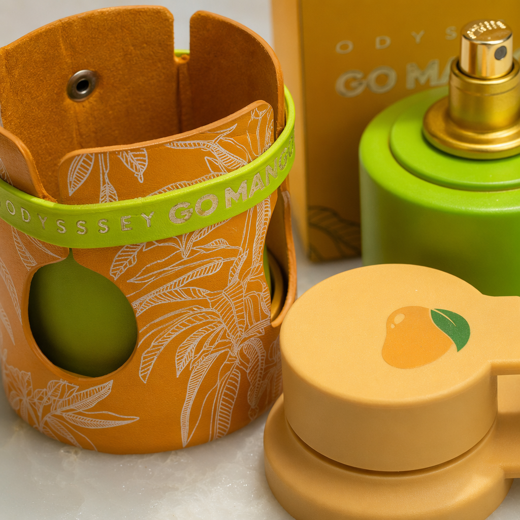 Green gradient bottle body, orange-yellow packaging box, orange protective case, yellow bottle cap perfume Application Scenario