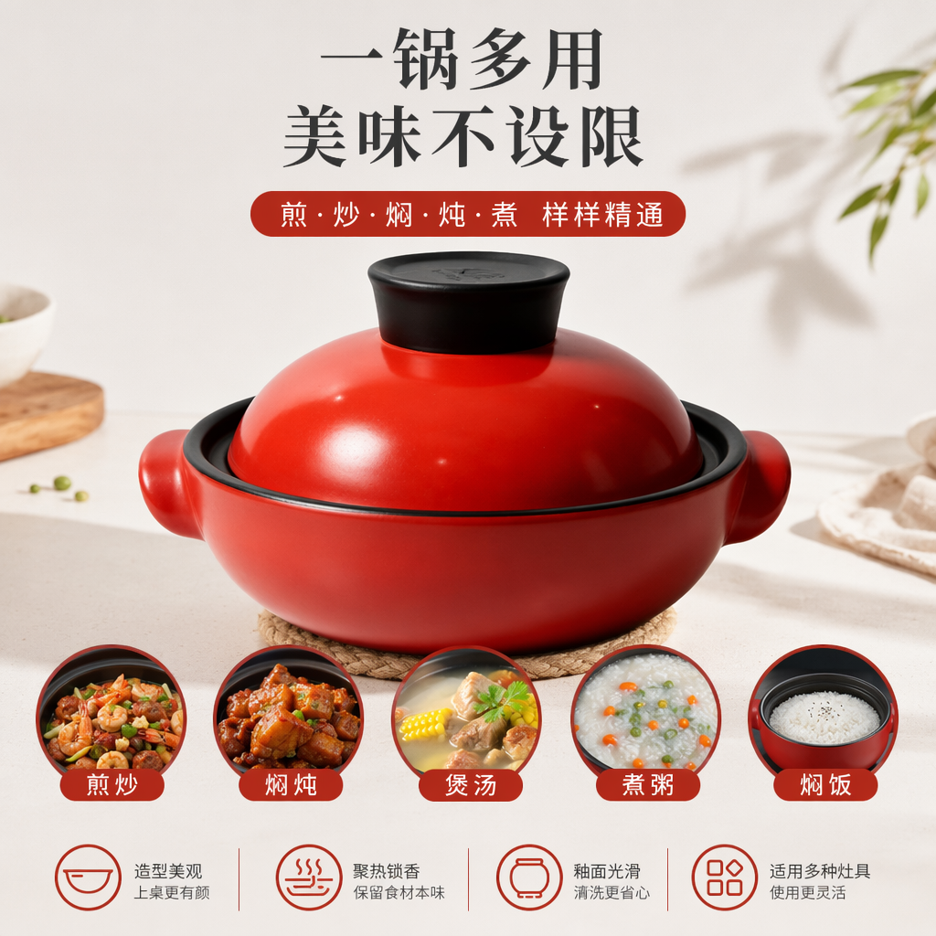 Red clay pot, household ceramic stew pot, high-temperature resistant soup pot, large-capacity kitchen cookware