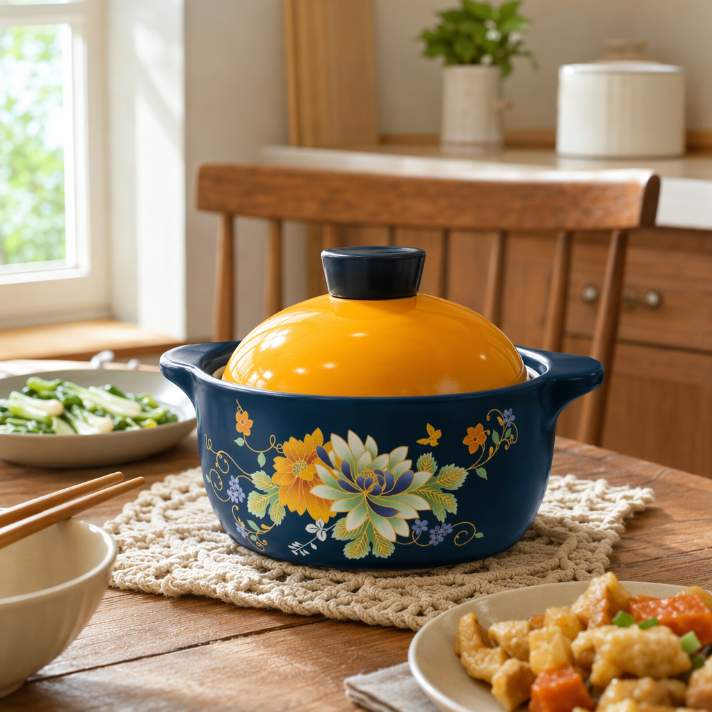 A deep blue floral ceramic stew pot with an orange lid and a black handle details Picture