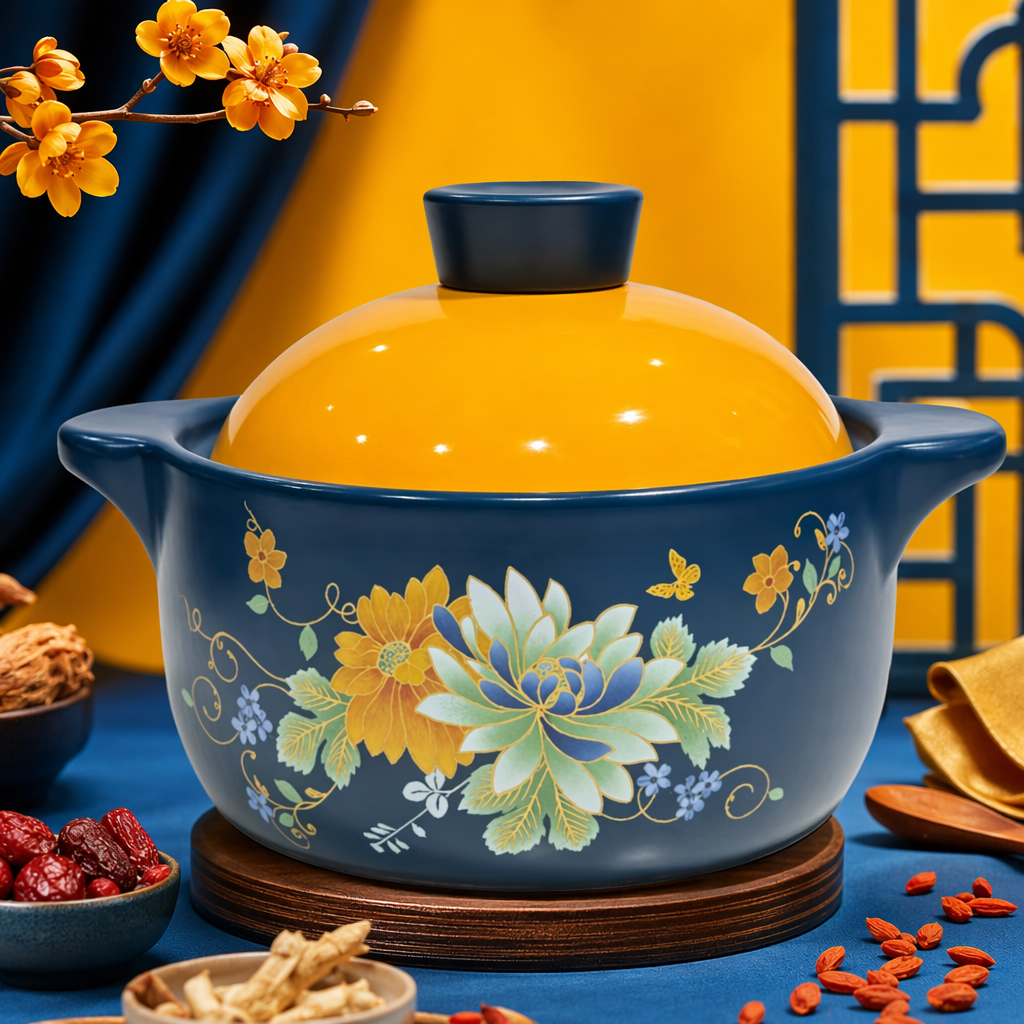 A deep blue floral ceramic stew pot with an orange lid and a black handle Specification image