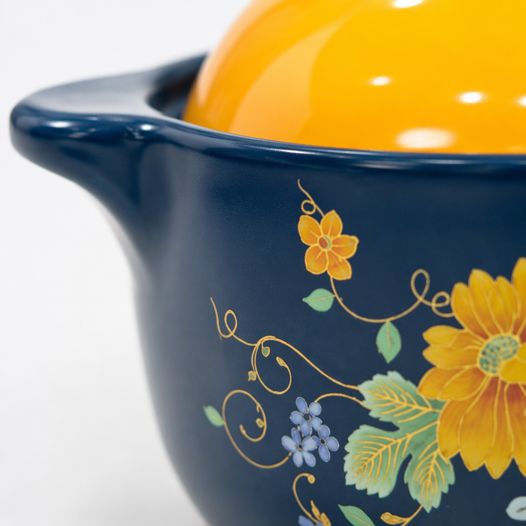 A deep blue floral ceramic stew pot with an orange lid and a black handle Application Scenario