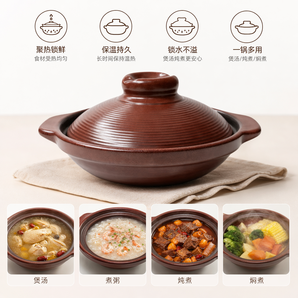 Reddish-brown handcrafted earthenware pot for home stewing, high-temperature resistant and uncoated