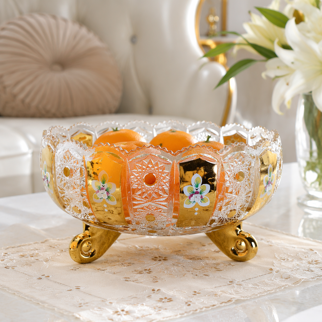 A golden base with crystal lace fruit plate, a decorative fruit plate for the living room details Picture
