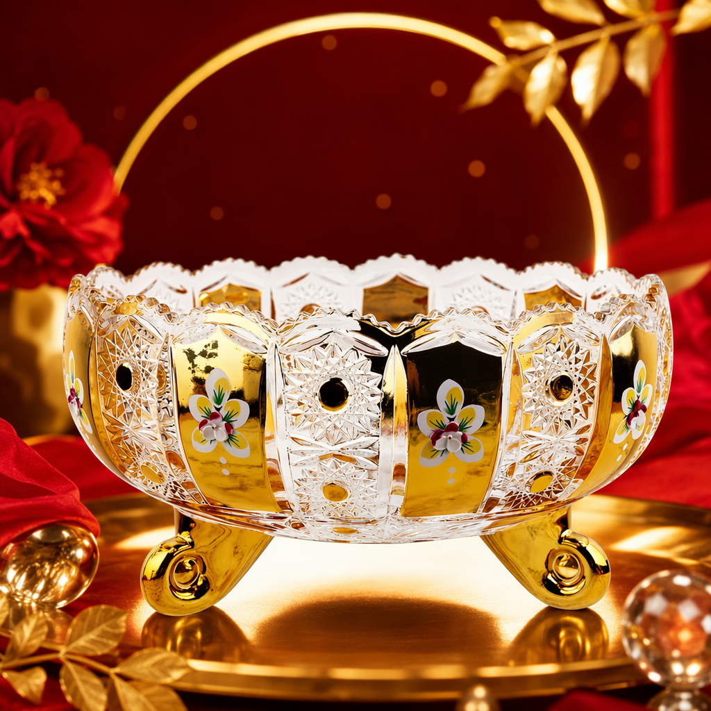 A golden base with crystal lace fruit plate, a decorative fruit plate for the living room Specification image