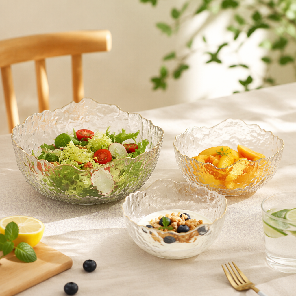 Three-piece transparent hammer-patterned glass bowl set for household use, heat-resistant and explosion-proof, for holding fruit plates and snacks details Picture