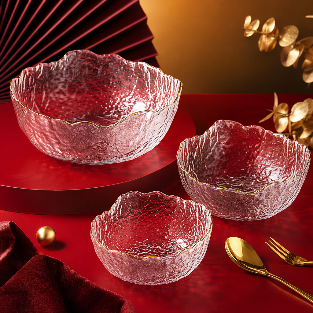 Three-piece transparent hammer-patterned glass bowl set for household use, heat-resistant and explosion-proof, for holding fruit plates and snacks Specification image