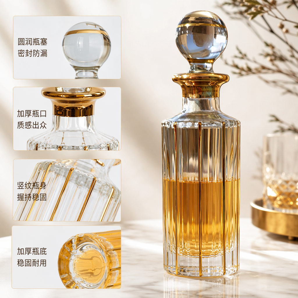 透明玻璃雕花香水瓶带金色竖条纹球形水晶瓶盖配金色环饰