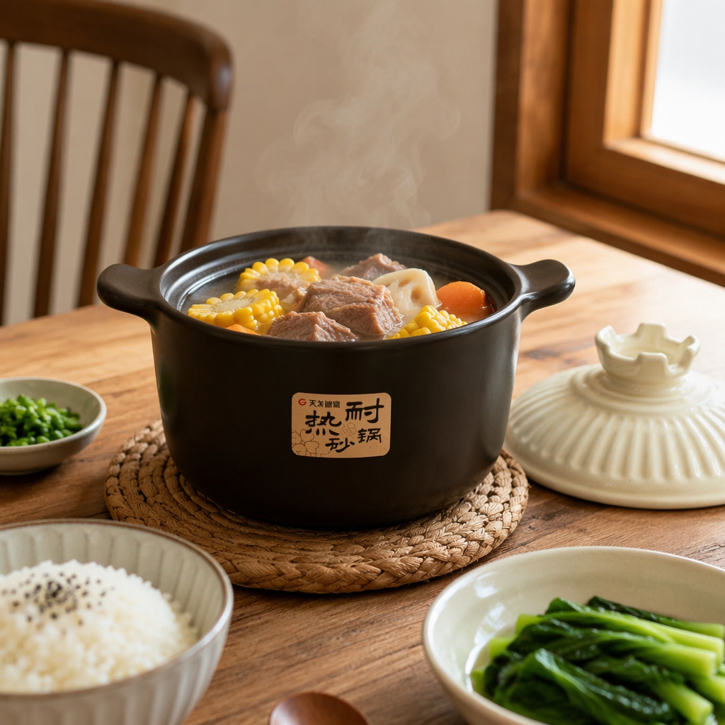 Brown clay pot with beige patterned lid, home stew pot, ceramic soup pot details Picture
