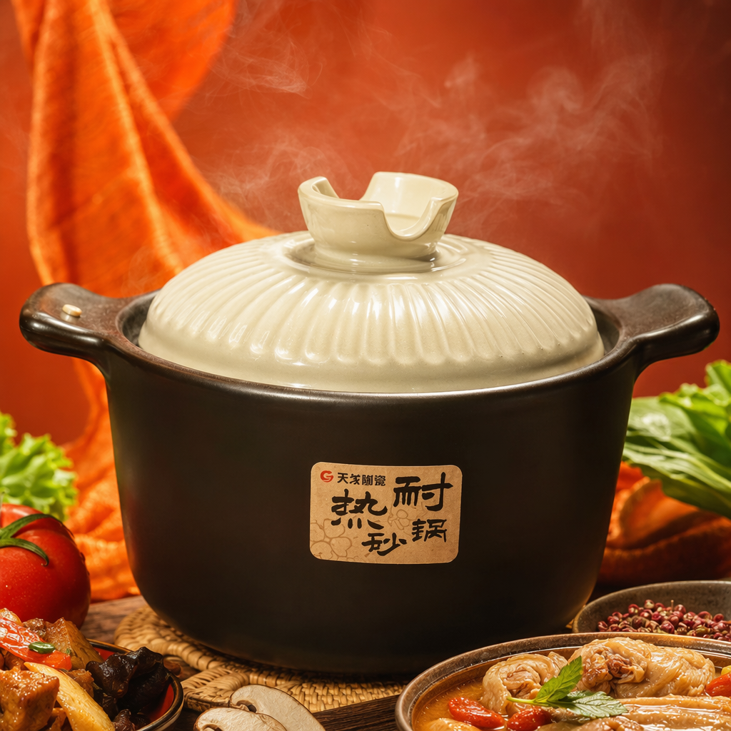 Brown clay pot with beige patterned lid, home stew pot, ceramic soup pot Specification image